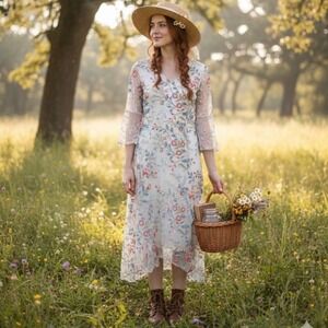Reba Floral Embroidered Mesh Midi Dress Cream V-Neck Bell‎ Sleeve Cottagecore M